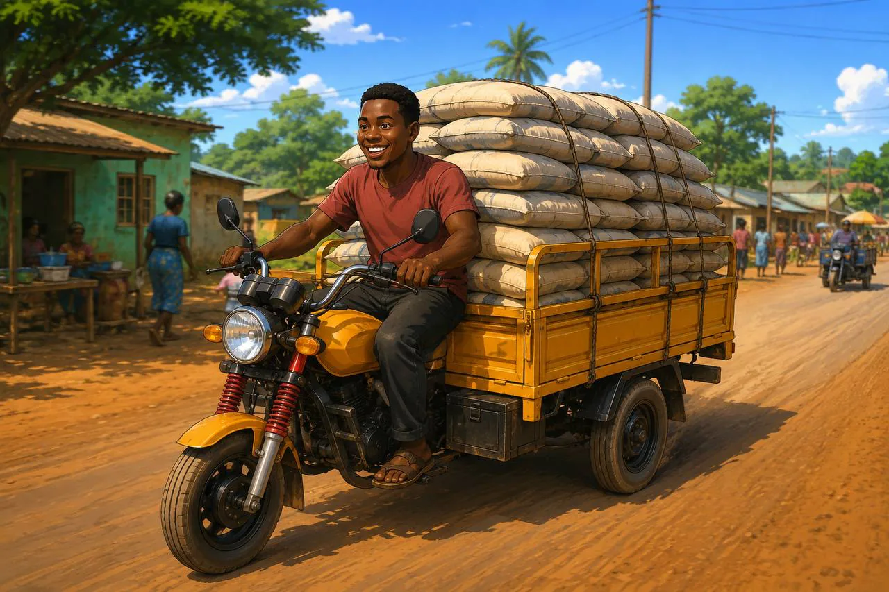 A Seaton Swift tricycle carrying bulk goods through a Ghanaian market street