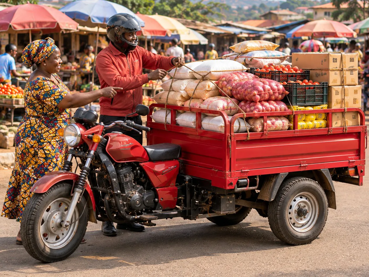 A Seaton Swift aboboyaa loaded with sacks and crates at a Kumasi market while the rider ties the load down