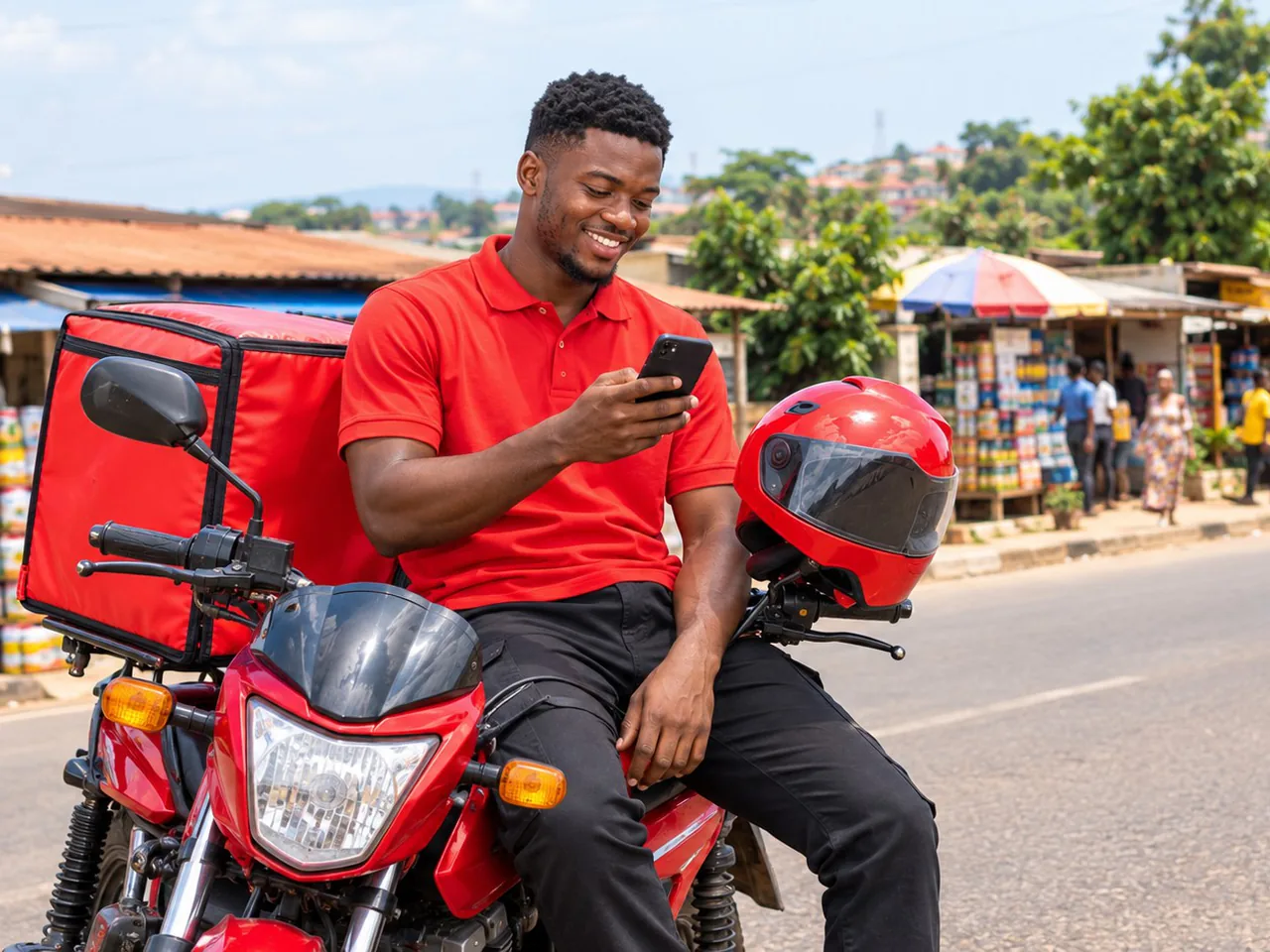 A smiling Seaton Swift rider on his red motorbike on a Kumasi street, checking his phone